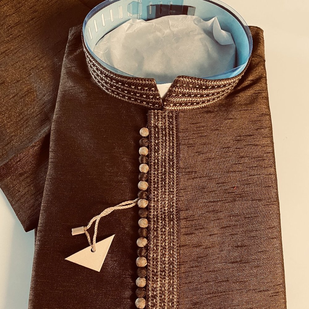 Raw Silk Dark Brown Men Kurta Pajama Set